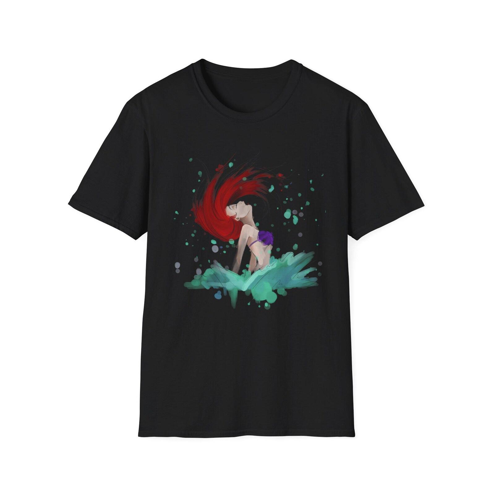 Red-Haired Mermaid Illustration T-Shirt | Watercolor Splash Design S