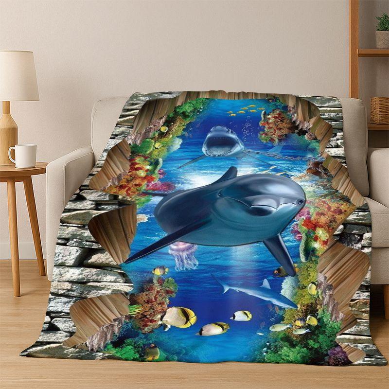 3D Illusion Underwater World Marine Life Shark Dolphin Cartoon Flannel Blanket Throw Blanket for Bedroom Living Room Bed Travel