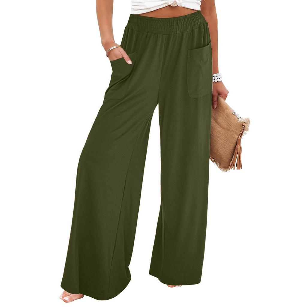 Women's Summer Elastic Waist Solid Color External Pocket Loose Pants