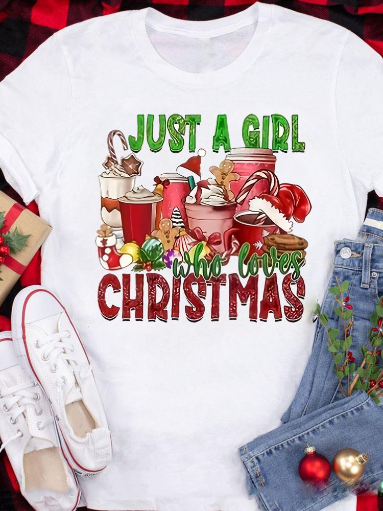(Asian Size) Tee Top festival  Merry Christmas New Year Holiday Casual tree cute 90s Women Print Lady Short Sleeve Fashion Graphic T-shirts