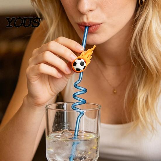 Reusable PET Straw 2Pcs Soccer Theme Spiral Straws, Curved Drinking Washable Straws with Football Charm, World Mug Party Beverage Decor Bendable