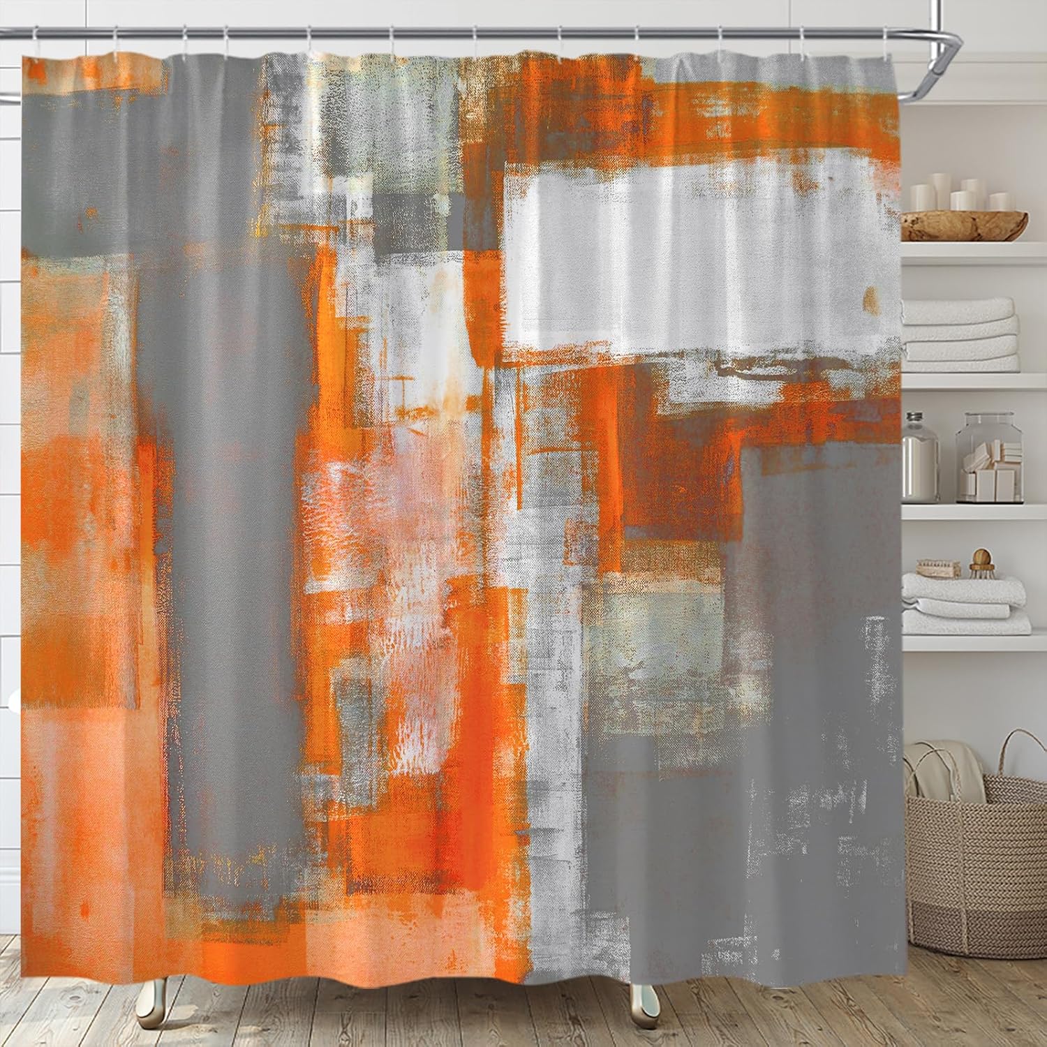 

Modern Abstract Art Shower Curtain Orange Gray White Design Contemporary Bathroom Decor Waterproof Fabric Bath Curtain For Home W60H190(CM)-1 Pcs