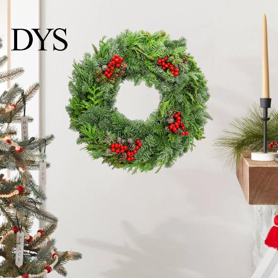 Indoor Outdoor Seasonal Ornament Christmas Garland Wall Sticker, Pine And Cypress Branch Decal with Red Berries & Peel Stick Cones, Xmas Wreath