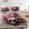 3pcs Skull & Blooms Quilt Set - Soft and Comfortable Bedroom, Guest Room and Dorm Decor Bedding Set 1 Quilt Cover + 2 Pillowcases.W080