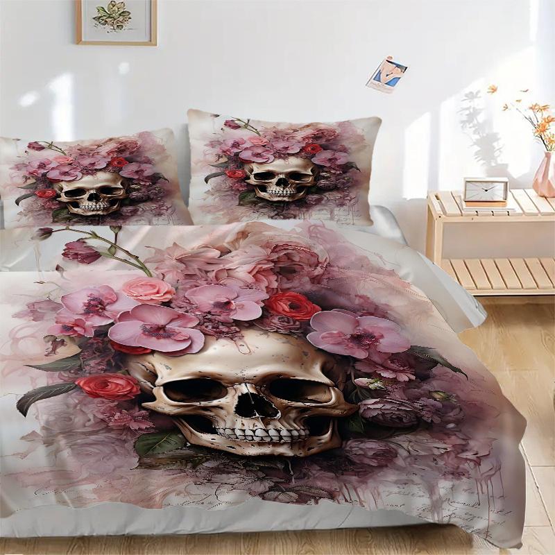3pcs Skull & Blooms Quilt Set - Soft and Comfortable Bedroom, Guest Room and Dorm Decor Bedding Set 1 Quilt Cover + 2 Pillowcases.W080