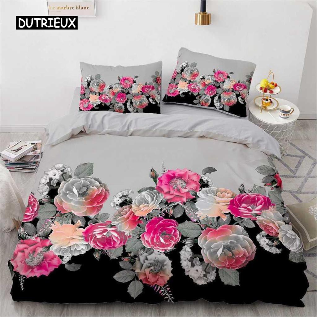 Flower Duvet Cover Set Microfiber Red Rose Bedding Set King Size Floral Print for Valentine's Day Mother's Day Soft Quilt Cover