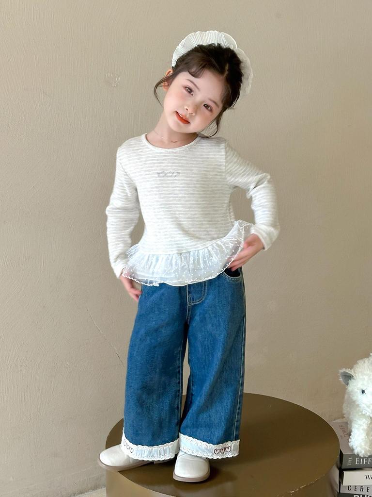 2025 Fashionable Long Sleeve Lace T-shirt for Girls' Spring & Autumn