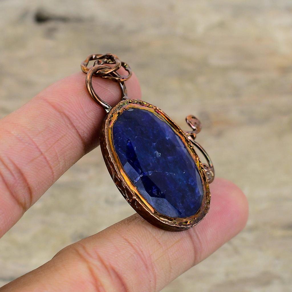 Faceted Blue Sapphire Pendant Electroformed Copper Pendant Very Pretty Gemstone Pendant Electroformed Jewelry Wedding Gift Handmade Pendant