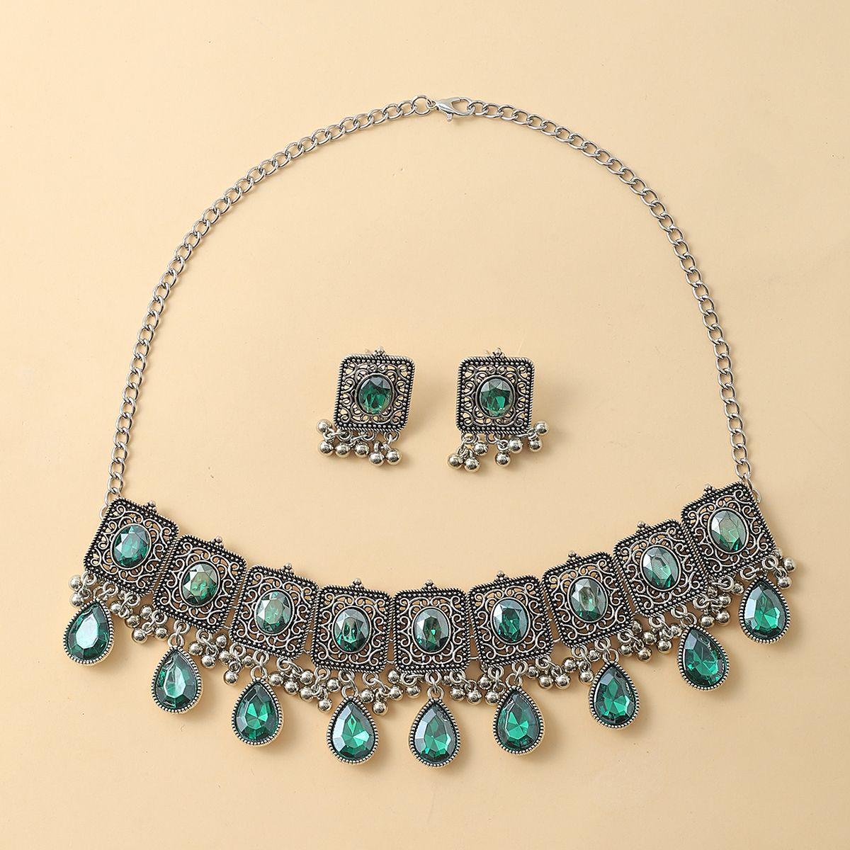 

Квадратные капли воды, популярные ювелирные изделия, ретро-этническое ожерелье с драгоценными камнями, серьги с бахромой, комплект из двух предметов зелёный