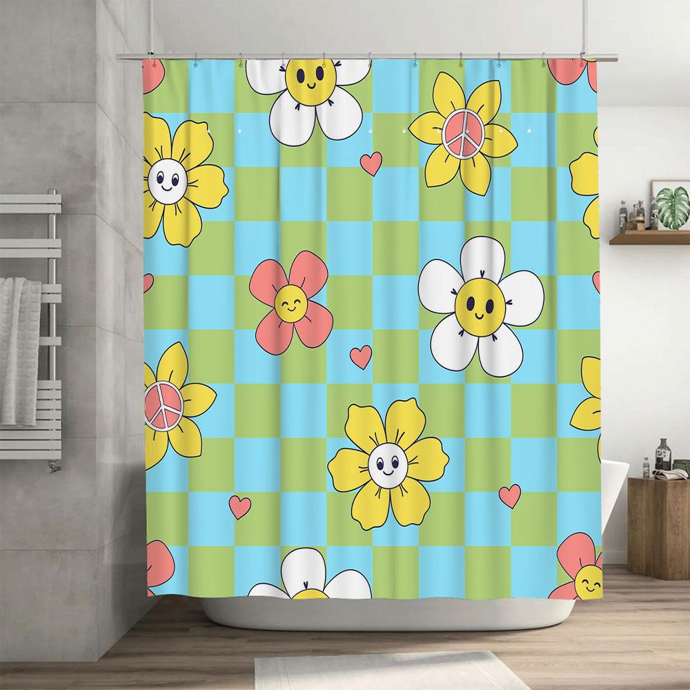 Modern Bathroom Shower Curtain with Flower Design Waterproof and Washable Fabric for Home Decor in Various Colors (Green/Yellow/