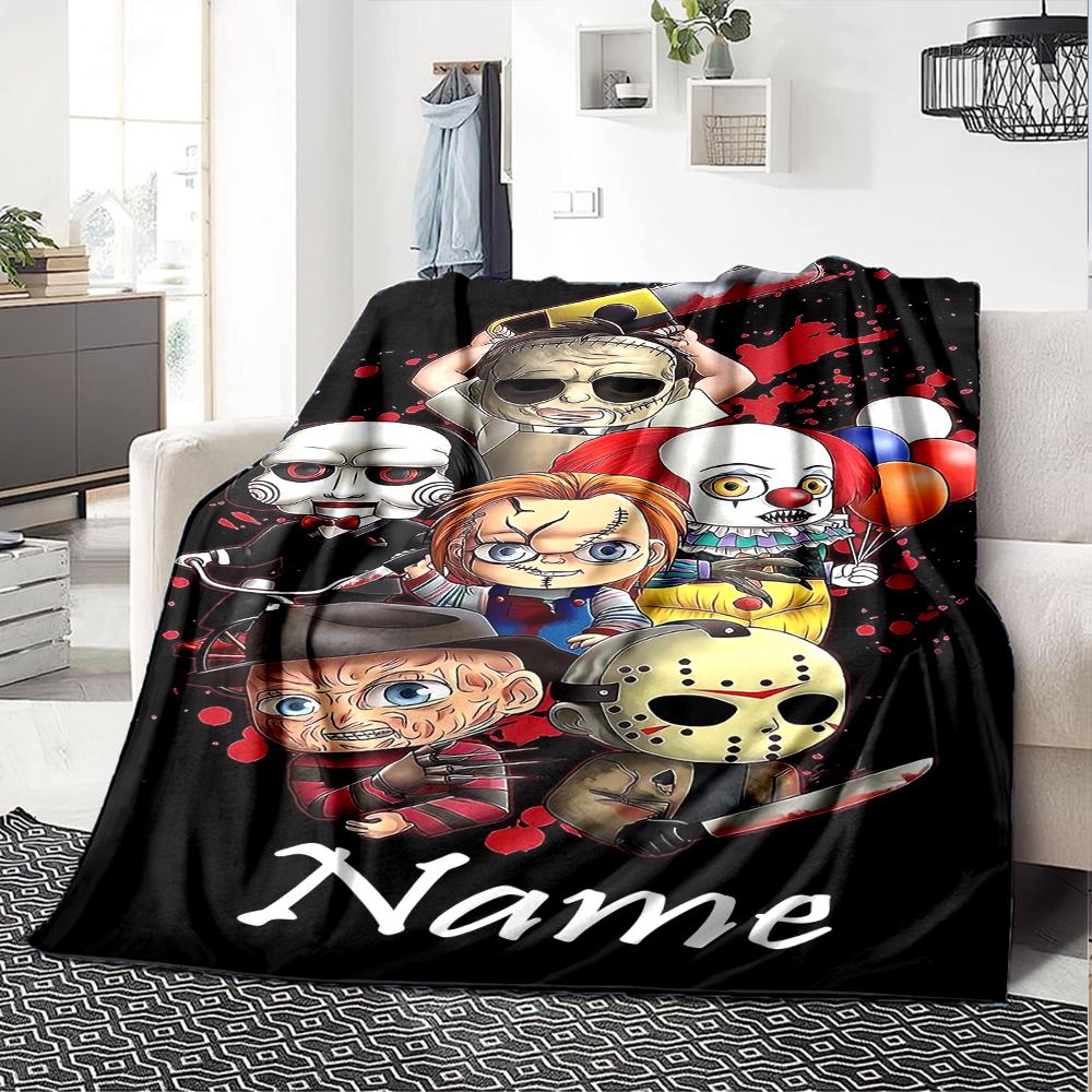 Custom Name Halloween horror Theme Printed Blanket - Perfect for Couch, Bed, Travel & Outdoor Use | Machine Washable, Cozy & Durable.