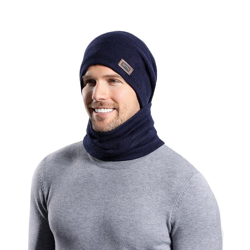 Winter Outdoor Riding Knitted Wool Hat Men's Velvet Warm Hat Scarf Two-piece Ear Protector Pullover Hat