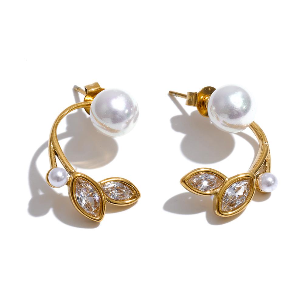 Yhpup Stainless Steel Simulated Pearls Zircon Leaf Stud Earrings for Women Korean Style Daily Chic Jewelry New