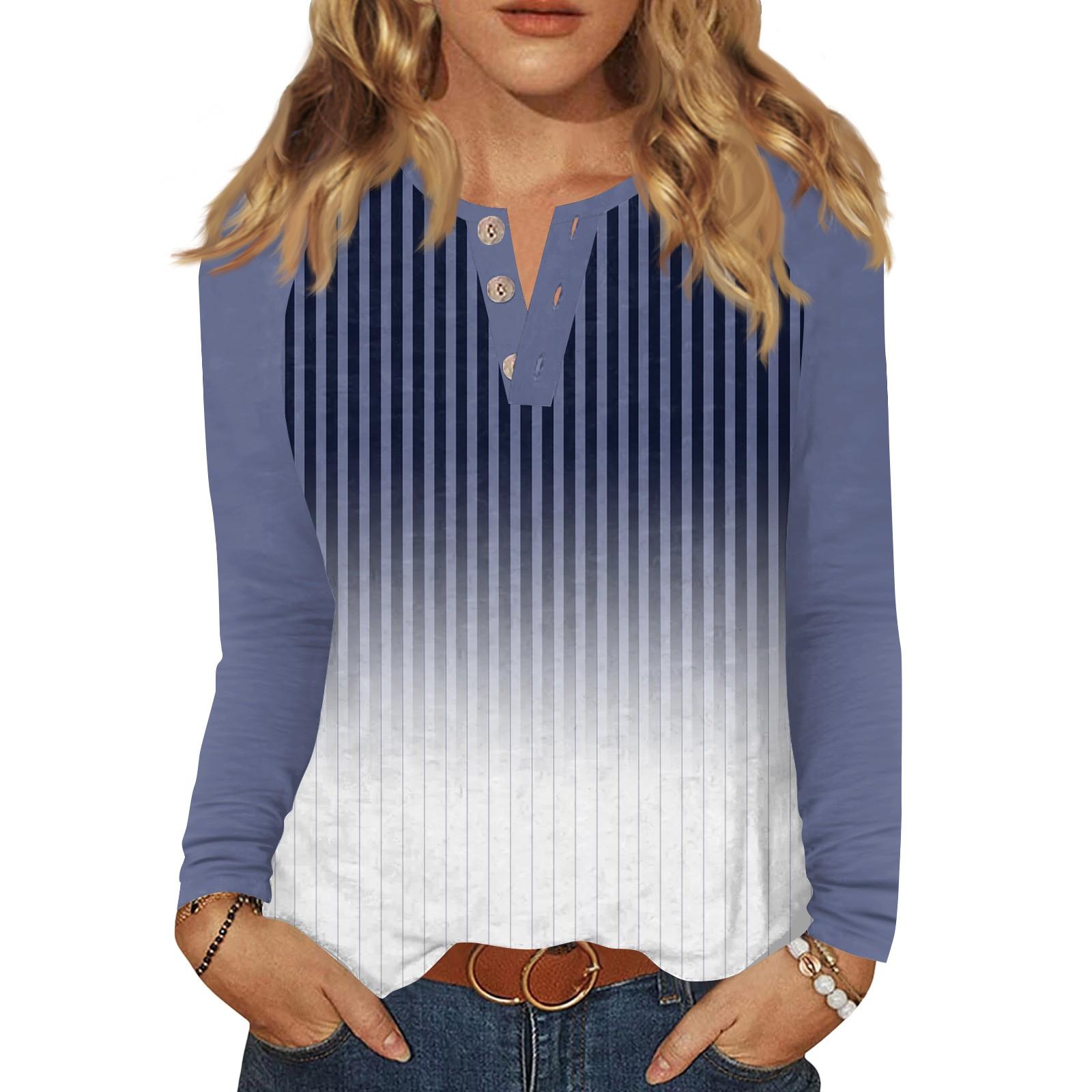 

Жіноча футболка з принтом, на ґудзиках, з довгим рукавом, повсякденна, для вихідних, модна, базова, з V-подібним вирізом, звичайна XXL Темно-синій