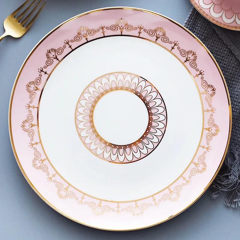 Nordic Exquisite Gold Plated Striped Ceramic Plate Villa Restaurant Western Tableware Dessert Salad Steak Plate Kitchen Utensils