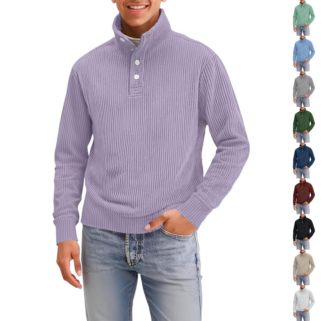 Men's Four-Button Pullover Sweatshirt, Solid Color, High Neck, Long Sleeve