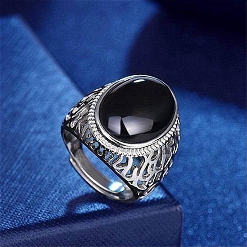 Men's Black Agate Chalcedony Diamond Ring - Hollow Pattern, Simple & Fashionable Open Design