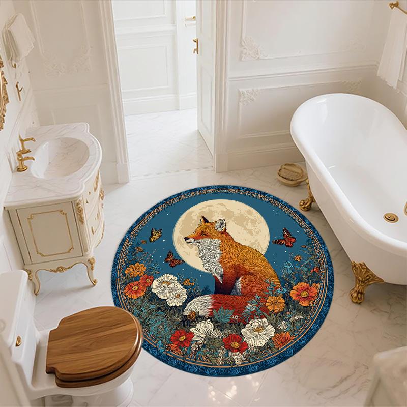 Flower Fox,Round Area Rug,Carpet Rug for Living Room Bedroom Sofa Playroom Decor,Non-slip Floor Mat
