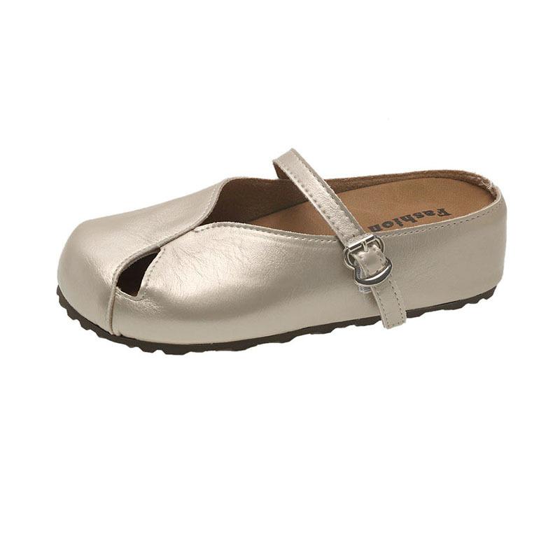 French Retro Mary Jane Single Shoes Women's 2025 New Summer Versatile Flat Bottom with Skirt Soft Sole Bean Half Slippers