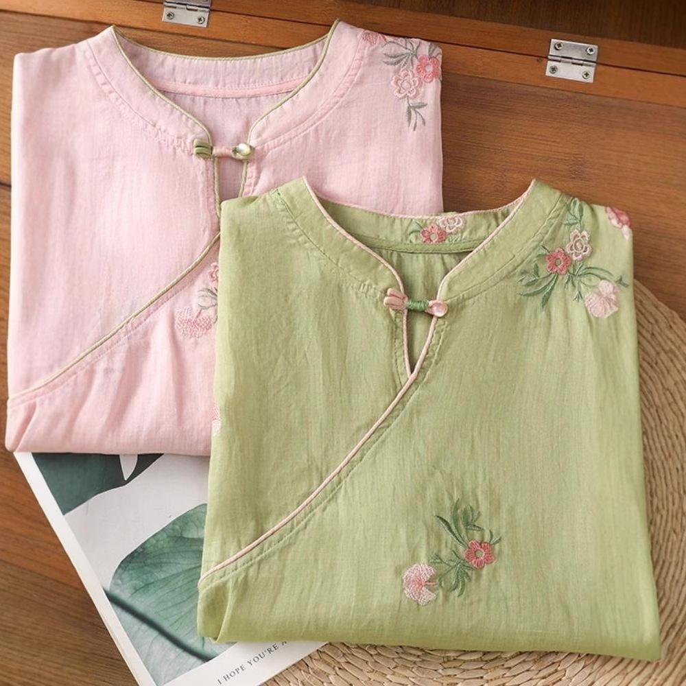 Button loose embroidered sleeveless shirt women's summer solid color improved cheongsam shirt shirt