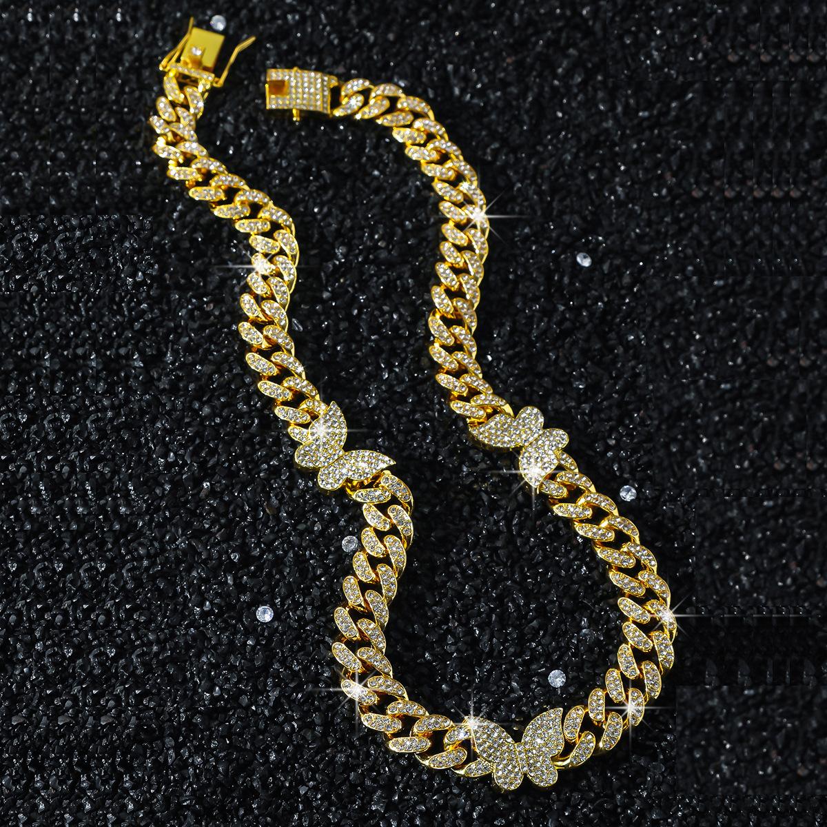 Fashion Hip Hop Jewelry Gold Cuban Link Chain Butterfly Necklace Bling Iced Out Butterfly Cuban Link Chain Necklace 18inches(45.72cm) золотой