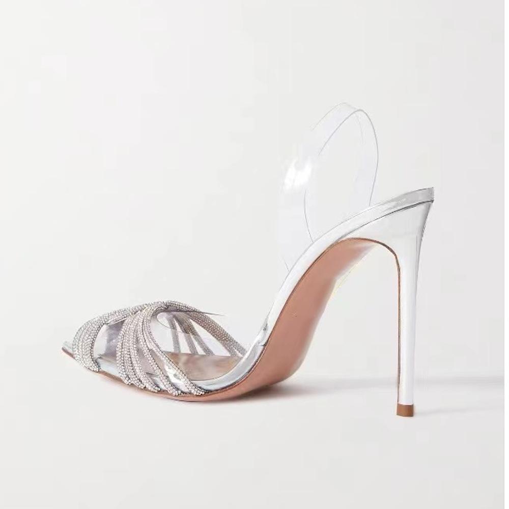 Summer New Pointed High Heels Transparent Rhinestone Bag Head Sexy Fashion Sandals Slippers Women