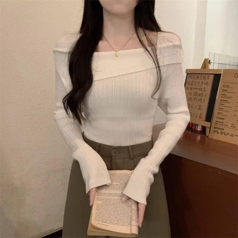 Slash Neck Knitwear Off Shoulder Top Women's Thin Bottomed Shirt Slim Long Sleeve Hotsweet Casual Commuting New Fashion