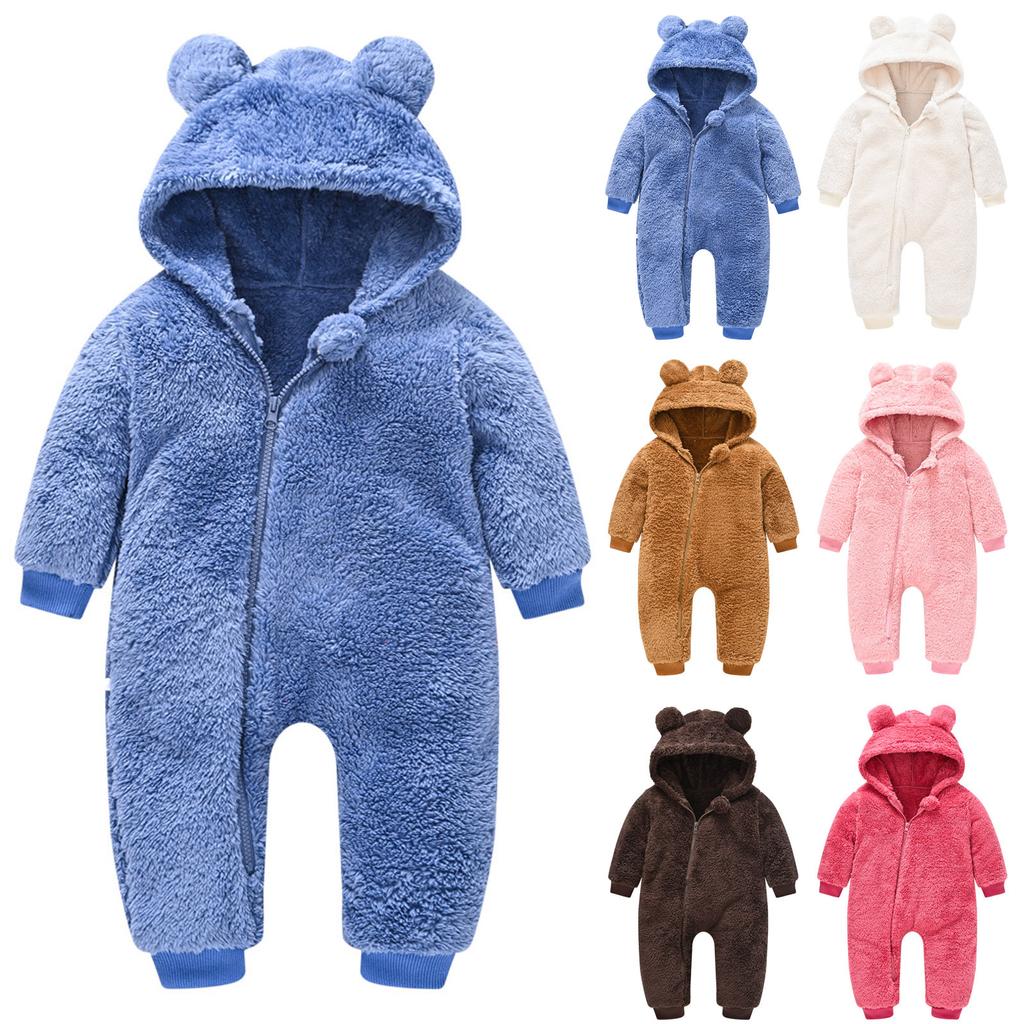 Baby Fleece Hettejakke Vinter Varm Jakke Søt Bjørnøre Glidelås Jumpsuit