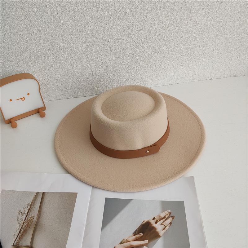 French eaves concave top imitation woolen belt hat autumn and winter fashion street shot versatile top hat British retro jazz hat