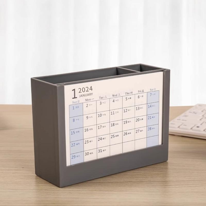 Multifunctional Desk Pencil Holder with 2024 Monthly Calendar, Office Desktop Organizer Pen Holder for Student Teacher