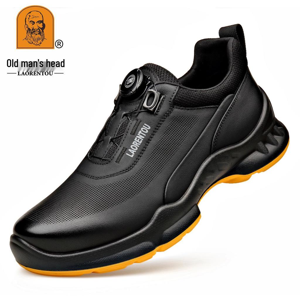 Laorentou Men's Genuine Leather Slip-On Running Shoes with Breathable Mesh and Rotating Buckle.