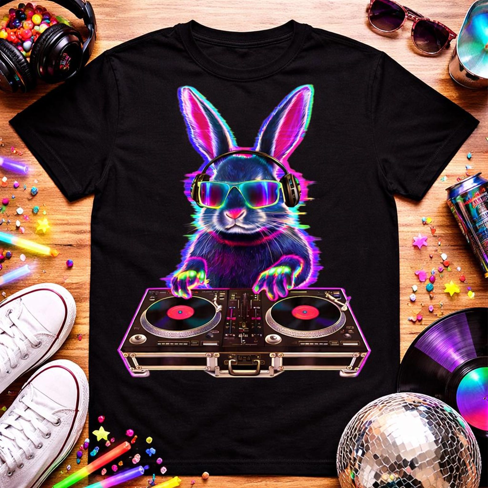 Neon DJ Bunny Shirt, Easter Rave Festival Tee, House Music Rabbit L