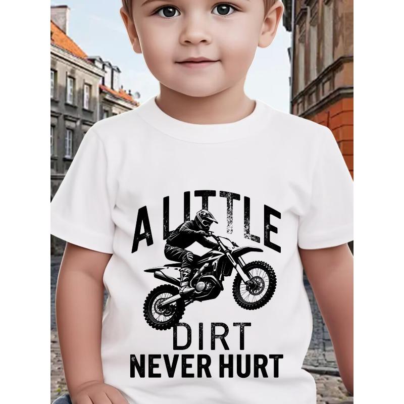 European sizes Children's T-shirt with Fun Cartoon Motorcycle Print, O-Neck Short Sleeve Top for Boys, Spring/Summer Daily Wear and Holiday Outfit