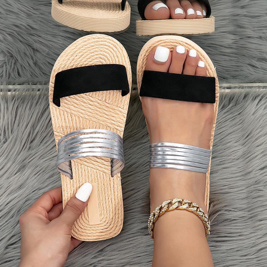 Women's Striped Suede Cross-Strap Flat Sandals with Faux Hemp Rope Sole.