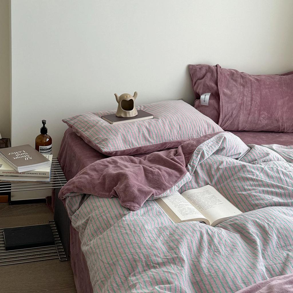 G5Z Winter Luxury Striped Flannel 4-Piece Set: Thickened Cotton Duvet Cover & Bed Sheet