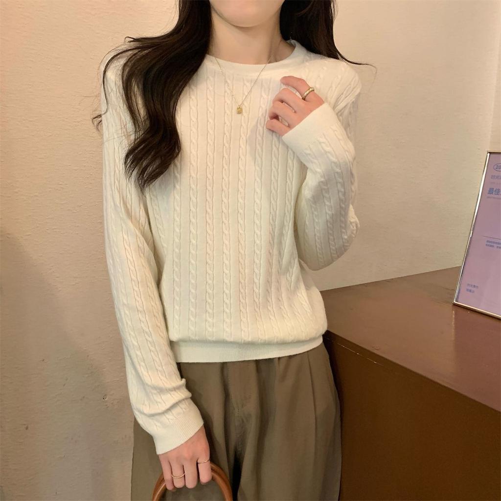 Round-neck Loose Knitted Sweater for Women Tweed Casual Sweater for Women Fashionable and Versatile Long-sleeved Pullover for Autumn and Winter