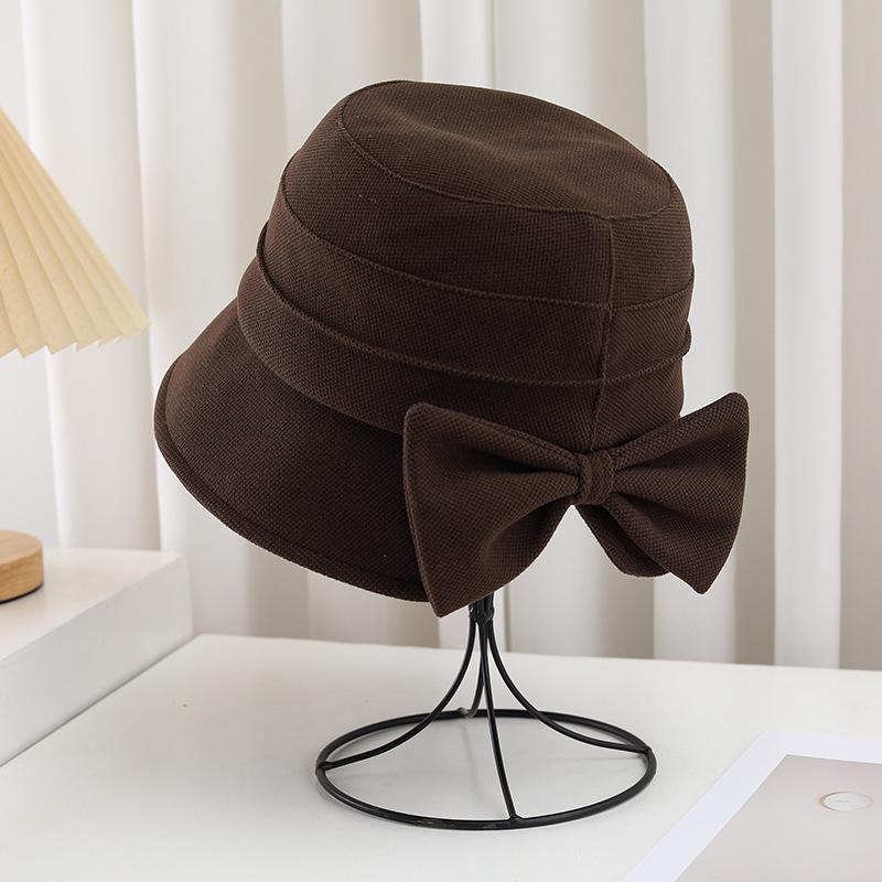 Back Split Bow Bucket Hat Women's Autumn and Winter New Sunscreen Basin Hat Elegant Temperament Versatile Plain Hat