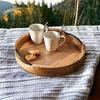 Medium Rustic Round Wooden Serving Tray  Handcrafted Mango Wood with Iron Handles Decorative Kitchen Dining Table Tray Brown