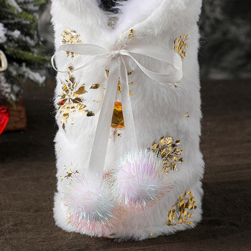 Christmas Wine Bottle Plush Snowflake Wine Bottle Covers Red Clothes Dress Gold Snowflake Set New Year Table Decor
