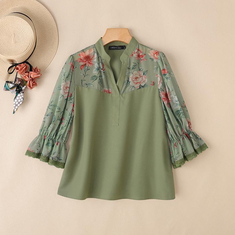 

ZANZEA Жіноча повсякденна блузка з V-подібним вирізом, сітчастими вставками та рукавом 3/4 4XL зелений