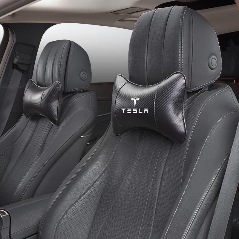 Car Seat Headrest Carbon Leather Pillow Neck Cushioning For Tesla Model-Y Model-3 Model-X Model-S Cybertruck Roadster SpaceX