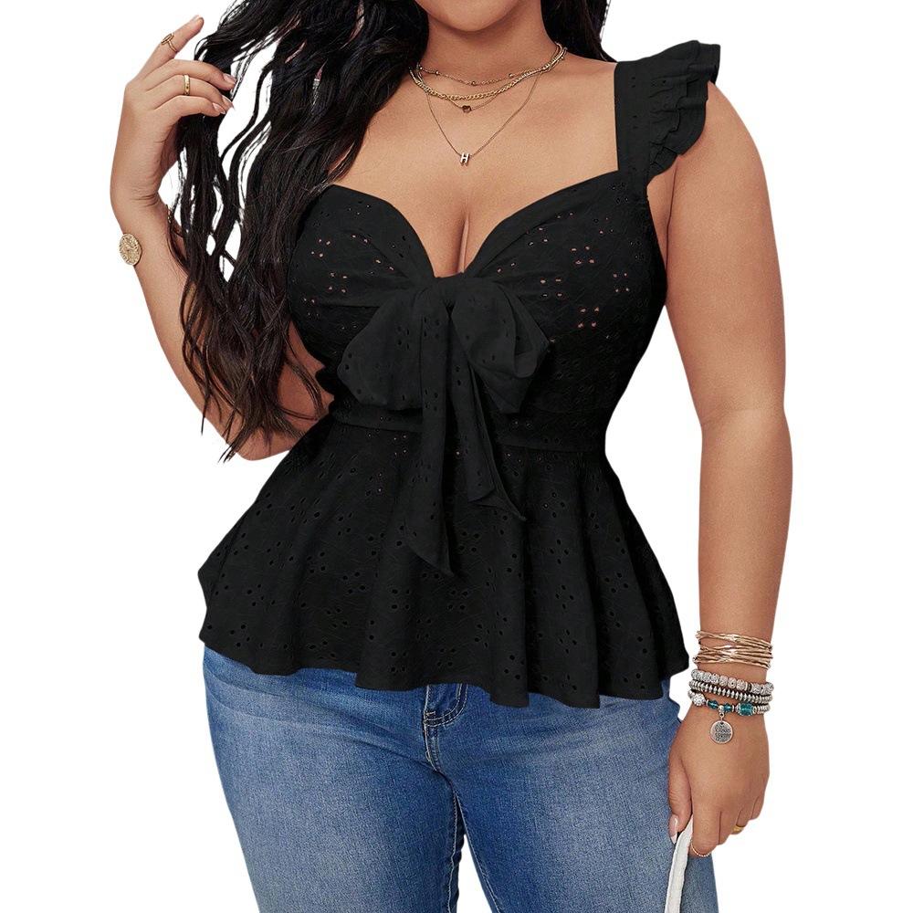 European and American summer new black sleeveless top female slim and thin backless strap ruffle hem fashionable and versatile