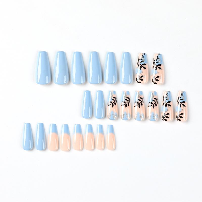 24Pcs/Set Quick Nails Long Gold Foil Leaves False Nials Sticker Wearable Waterproof Manicure Finished Nails