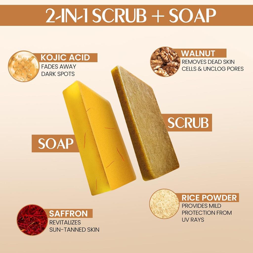 Kojic Acid & Saffron Detan Scrub Soap | Skin Brightening & Tan Removal Bathing Soap for Men & Women | Turmeric & Niacinamide (Pack of 3)