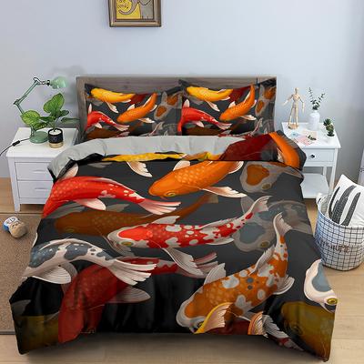 Goldfish Duvet Cover King/Queen Size Golden Red 3D Animal Bedding Set For Kid Teen Adult,Fish Themed Quilt Cover With Pillowcase
