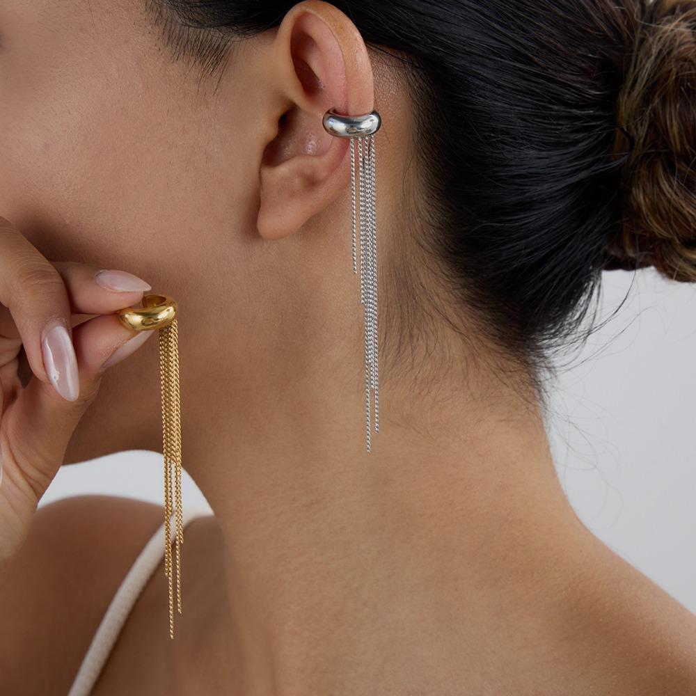 Korean Minimalism 18K Gold-plated Stainless Steel Long Tassel Clip Earrings for Women Trendy Fake Piercing Ear Cuff Jewelry Gift
