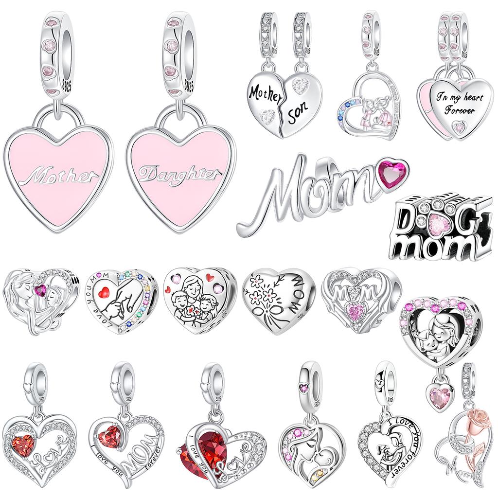 Original Copper Family Charms Mom Flower Heart Beads For Necklace Diy Bracelet Present Jewellery Gift Mother'S Day