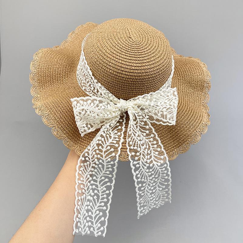 Women's Summer Korean Style Lace Trim Bowknot Wide Brim Sun Hat Sun Protection Straw Hat Beach Sweet Fisherman Hat