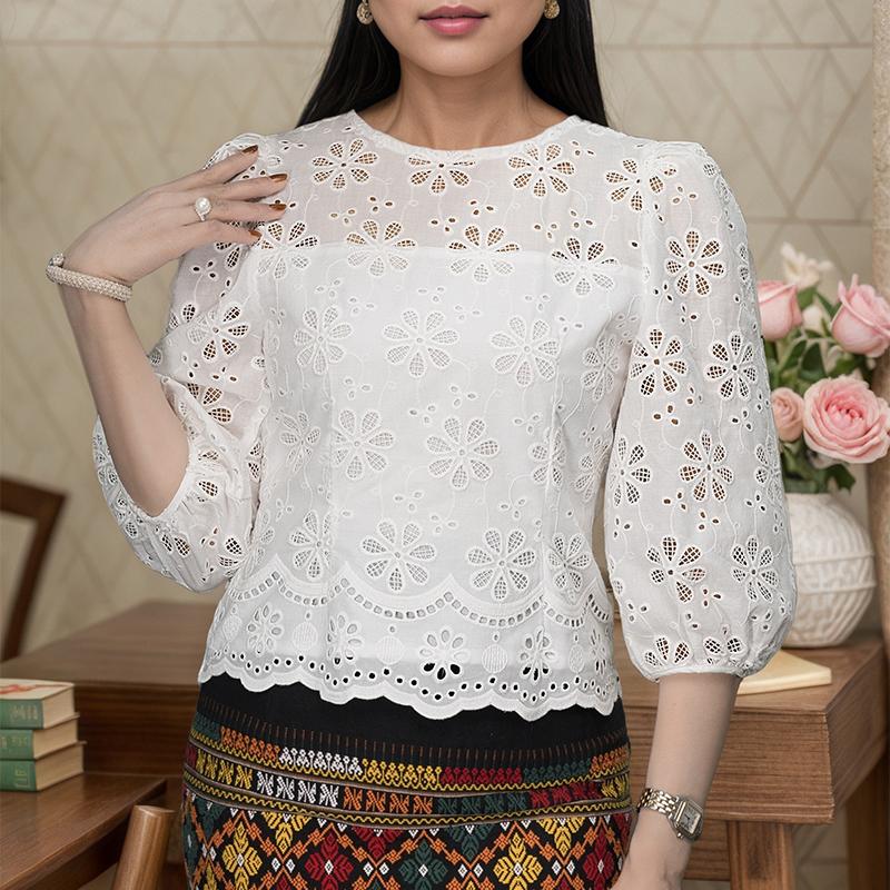

ZANZEA Женская летняя повседневная блузка с рукавом 3/4, ажурной вставкой, вышивкой и крючком белый