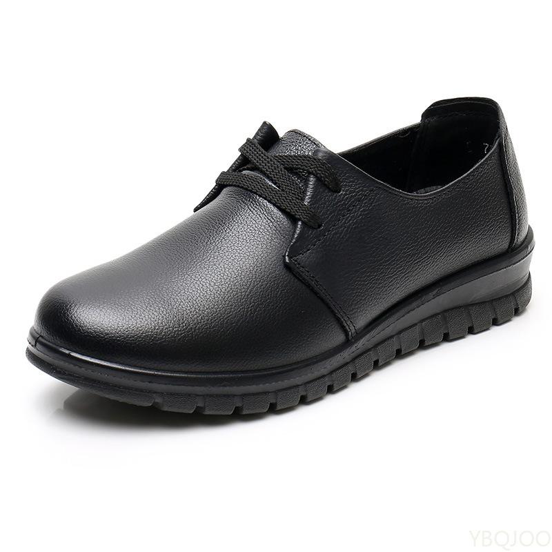 Fashion Spring breathable soft flat sole elderly leather shoes solid color women's casual lace up anti slip comfortable single shoe